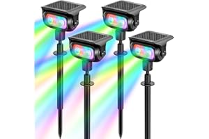 MEEKBOS Spot Solaire LED RGB Jardin 4 Pièces, 5 Modes Couleur avec Capteur Crépusculaire, Projecteur Solaire Extérieur IP65 Étanche sur Piquet pour Éclairage de Jardin, Pelouse et Allée