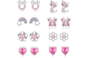 EXGOX 925 Sterling Silver Earrings，8 Pair Silver Studs Earrings for Women Hypoallergenic Kids Earrings Sterling Silver Stud Earrings for Teenage Girls Ages 3-18 Childrens Earrings Cubic Zirconia Stud Set