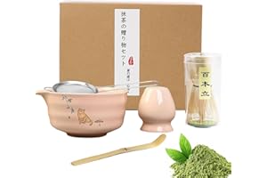 BAIEYE Różowy zestaw do herbaty matcha 5 elementów, zawierający bambusową trzepaczkę do matchy, łyżkę, miskę i podstawkę do trzepaczki, sitko ze stali nierdzewnej, idealny prezent dla miłośników matchy