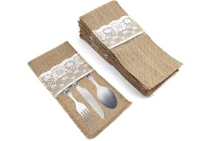 CENRONG Portaposate Iuta，20 Pcs Borsa da tavola in lino Pizzo posate borsa Naturale tela vintage Pizzo argenteria tasche portaposate，per Banchetti Matrimonio