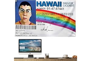 UOQO Faux drapeau d'identification McLovin avec 4 œillets en laiton, impression HD, drapeaux épais et frais pour décoration de dortoir universitaire et chambre à coucher d'adolescent - 0,9 x 1,5 m