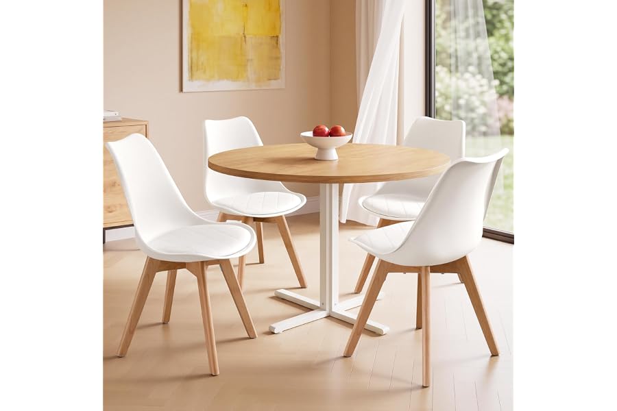 VASAGLE Sillas de Comedor, Asiento Acolchado, Set de 4, 46,5 x 57 x 79 cm | Cuero PU y Madera de Haya, para Salón y Coci