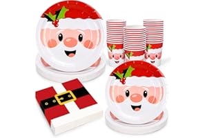 KAHEIGN 100 Pezzi Stoviglie di Carta per Feste Natalizie, 25 x 9 Pollici Piatti Piani, 25 x 7 Pollici Piatti da Insalata, 25 x 270ml Bicchieri, 25 x 16CM Tovaglioli - per Natale Feste Decorazioni