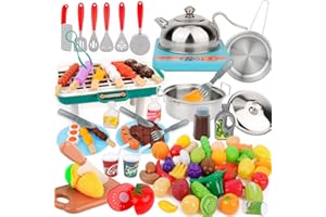 TUEHUTDE Kinderküche Zubehör Spielküche Puppenküche Topfset mit Töpfen und Pfannen aus Edelstahl, Lebensmittel Küchenspielzeug Puppengeschirr kinderküche für Kinder Jungen Mädchen ab 3 Jahren