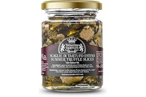 Valnerina Tartufi Truffes D'été Noire À Écailles | Truffe À Tranches, Lamelles, Carpaccio | Naturelle, Artisanale et Italienne Conservée Dans De L'huile D'olive Extra Vierge Evo | Pot 80 Gr.