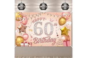 Pinenuts Happy 60th Birthday Banner - Rose Gold Party Decorations Backdrop, Sign Poster Photo Background Fabric Banner for Girls Women, 110 x 180 cm