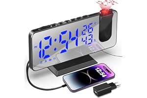 TAKRINK budzik cyfrowy, budzik radiowy z 4 poziomami jasności ekranu, budzik projekcyjny z wyświetlaniem temperatury, z projekcją, podwójny alarm 12/24 h, port USB