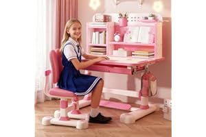 iondelce Kinderschreibtisch Höhenverstellbar mit neigbarer Tischplatte, Mädchen Schreibtisch mit Großen Schreibtafel, Bücherregal und Schublade, Schreibtisch Kinder ab 6 Jahren (Rosa D)