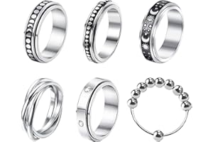 JewelryWe Schmuck 6pcs Fidget Angst Ringe Set für Herren Frauen Edelstahl Spinner Ring mit Perlen Mond Stern Anti-Angst Drehringe Stressabbauende Bandringe Hochzeit Band Gravur Silber Größe 52 bis 65