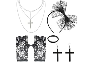 YSAOAKA 5 piezas 80 años Disfraz Mujer Accesorios Negro, Accesorios Vintage de los Años 80, Traje negro vintage diadema de encaje, aretes negros, guantes de encaje, Collar Pulsera para damas y niñas