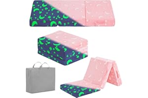 YOTATING Foldable Floor Mattress for Kids, Toddler Glow in The Dark Folding Futon Mattress, Kids Trifold Sofa Bed Convertible Children Portable Sofa with Storage Bag for Girls and Boys, Pink Moon