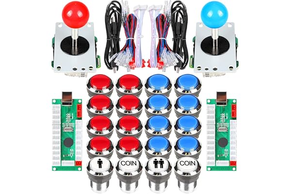 Fosiya 2 Joueurs Arcade Joystick LED Chrome Boutons poussoirs pour PC MAME Raspberry Pi Jeux vidéo Arcade Cabinet Pièces (Rouge Bleu)