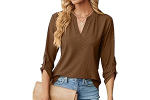 HEERSAN Chemisier élégant à Col en V pour Femme Chic Chemisier Ample à Manches Enroulables à 3/4 Manches Longues Lâches Hauts Tuniques de Base T-Shirt Blouses(S-XXL)