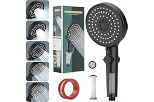 UGBO Słuchawka prysznicowa, oszczędzająca wodę, czarna głowica prysznicowa z filtrem, wysokociśnieniowa głowica prysznicowa ze stoperem wody, do łazienki z 5 rodzajami strumienia