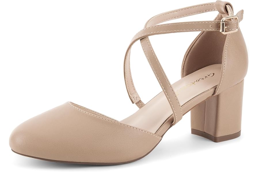 Greatonu Women's Elegant Cross-Strap Pumps Closed Toe Sandals with Heel for Wedding Decolte Medium Wide Heel