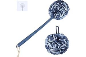 VANZAVANZU Juego de Esponjas de Lufa Exfoliante, Mango Antideslizante de Plástico de 43 cm con Esponja Esponjosa para la Ducha, Esponjas de Malla Suave PE - Azul oscuro con borde blanco
