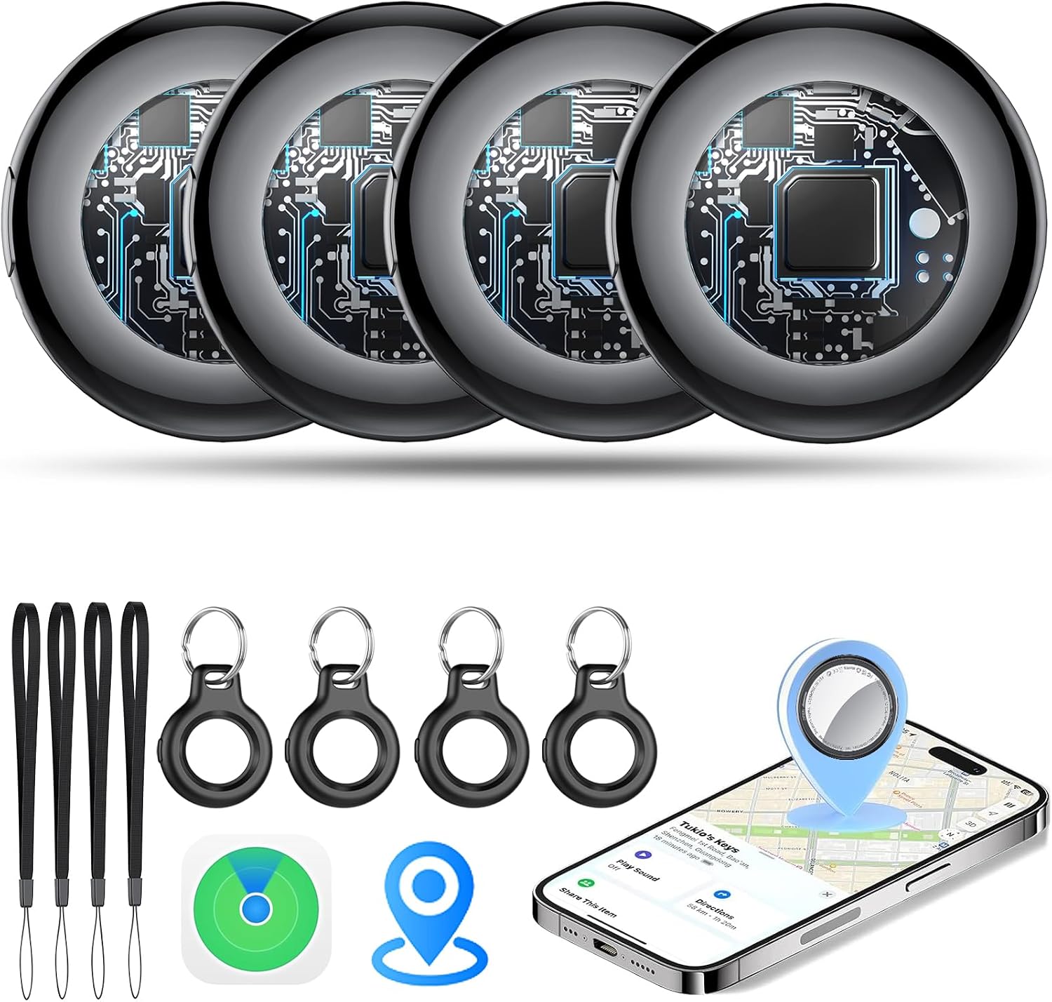 Smart Air Tags 4 Pack Negra, Bluetooth Localizador de Llaves Funciona con Find My App (Solo iOS), Buscador de Objetos Bluetooth Finder Batería Reemplazable Localizador para Llaves/Carteras/Equipajes