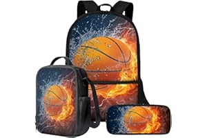Wnbucioht Boys School Bags Set Flame Basketball Print Bookbag Kids School Backpack Set with Insulated Lunch Box Pencil Case 3 in 1 Sport Basketball Rucksack Large Backpack Teens Adult Casual Daypack