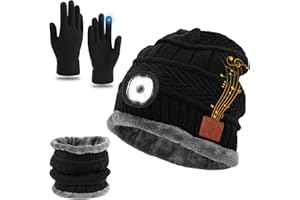 QKTYB LED Bluetooth Beanie Mütze mit Schal & Touchscreen Handschuhe Set, Unisex Gestrickt USB Wiederaufladbar Beleuchtete Beanie Musik Headset Mütze Winter Warm Knit Fleece Gefütterte Mütze für Männer