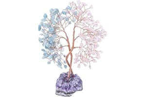Nupuyai Arbre de Vie en Pierre avec Base en Cluster Améthyste Naturelle, Feng Shui Bonsaï en Cristal Arbre Concentrique Symbole d'amour pour Décor de Mariage et Bureau, Aigue-Marine & Quartz Rose