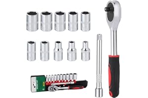 Moendergo Zestaw metrycznych kluczy nasadowych 12 szt., 1/4 cala, grzechotka z grzechotką o wysokiej precyzji i 10 szt. krótkiego zestawu (4-13 mm) nadaje się do naprawy mebli samochodowych