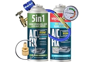A/C FIX AC FIX 5-en-1 – R1234yf + 2 en 1 + tuyau + adaptateur Réfrigérant pour climatisation automobile avec huile, produit d'étanchéité, colorant UV, dessiccant – Protège le compresseur