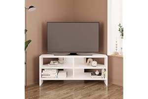 Bimossa Roy Corner TV Stand – Space-Saving TV Unit for 43–48'' TVs, Compact Media Console with Open Shelves & Cabinet, Ready to Assemble, (White)