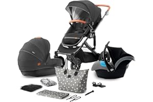 Kinderkraft Kinderwagen 3 in 1 PRIME, Kinderwagenset, Kombikinderwagen, Sportwagen, Buggy und Tragewanne, Babyschale, Große Räder, Luftreifen, Bequemer Buggy-Sitz, Babyschale, schwarz