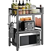 Easyhomie Three-tier Microwave Shelf Kit Room Adjustable Microwave Stand with 6 Hooks + Chopping Board Holder + Cutlery Holder for Tidy Kitchen Worktops Extendable from 40-60 cm