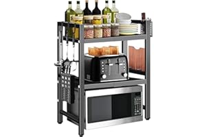 EASYHOMIE Three Tier Expandable Microwave Rack Kit, Space Adjustable Microwave Shelf Stand with 6 Hooks + Cutting Board Holder + Utensil Holder for Kitchen Countertop Organizing (Extendable from 40-60cm)