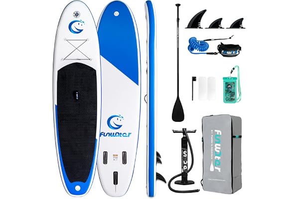 FunWater Planche Sup Gonflable Tous Niveaux Idéale Débutants et Famille Plateforme Anti Dérapante EVA Pack Complet avec Pagaie Réglable Pompe et Accessoires