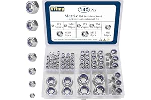Vifmy Locknuts Assortment Kit,M3 M4 M5 M6 M8 M10 M12 140PCS Metric Nylon Insert Lock Nuts Set,304 Stainless Steel Lock Nuts for Bolt