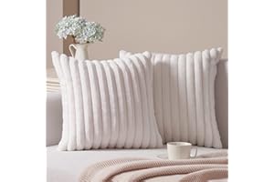 Topfinel 2er Set Kissenbezug 40x40 Kunstfell gestreift weiß Creme Plüsch Ultra weich Dekorative Kissenbezüge Kissenhülle Dekokissen Sofakissen für Sofa Schlafzimmer Wohnzimmer