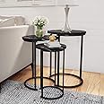 Set of 3 Round Vintage Wooden/Steel Nesting Side Coffee Tables Stacking Sofa Side, Space Saving Coffee Tea Table for Hallway Living Room Bedroom Office Black Marble Look Large, Medium & Small (Black)