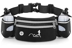 Auniq Marsupio Sportivo Running con borraccia (2 x 300 ML), Cinture di idratazione Marsupio Running Impermeabile con Cintura Regolabile e Foro per Auricolari per Maratona Corsa Escursionismo (Nero)