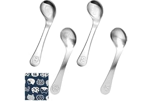 CHUDIAN 4 PCS Cucchiai Bambini in Acciaio Inossidabile Cucchiaini con Curvo per Svezzamento per Bimbo Piccolo Cucchiai con Disegno a Ossa a Pesce Lucido Opaco con Borsa imballaggio in Lino (13 x 3.8cm)