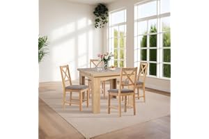 Hallowood Furniture Newquay Oak Dining Table and Chairs Set of 4, Flip Top Extending Table & Cross Back Chairs in Grey Seat Pads, Folding Dining Table & Chair Set for Home & Café