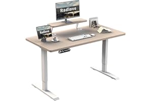 Radlove Biurko elektryczne z regulacją wysokości, stojące biurko z 4 funkcjami pamięci i technologią antykolizyjną (dąb + półka na monitor, 76 x 140 cm)