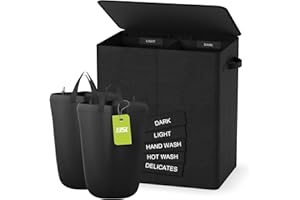 BATHOLA Double Laundry Basket with Lid, 135L Washing Baskets for Laundry with Removable Bags & Labels, laundry basket 2 compartments for Separating, Large Laundry Hamper for Laundry Room, Bedroom, Black