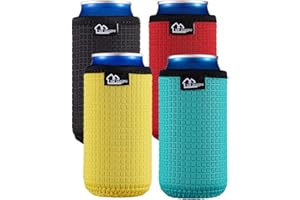 ‎WK IEASON WK IEASON 16oz Standard Can Sleeves Insulators Neoprene Standard Can Covers Coolers Holder Non-slip Neoprene Can Coolie Beer Bottle Sleeves 4PC Pack(16OZ, Black/Red/Yellow/Blue)