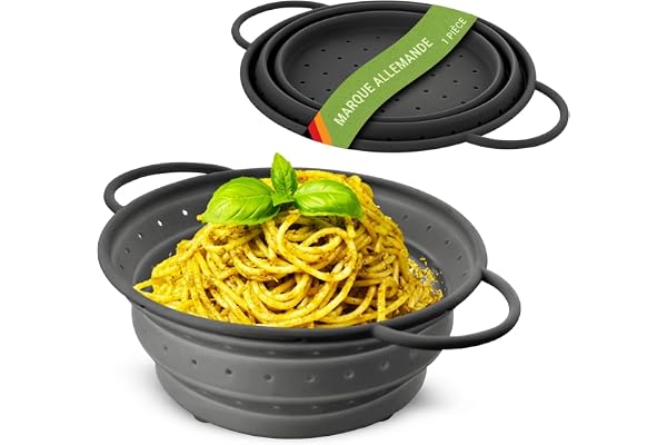 Coolinato – Passoire silicone pliable 24 cm gris – Passette pour nouilles, légumes & fruits - Compatible au lave-vaisselle, sans BPA, & résistante à la chaleur - Rabattable & peu encombrante