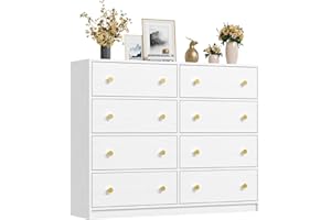 Nicehill White Chest of Drawers with 8 Drawers, Wooden Frame & Gold Handles, Fabric Chest of Drawers for Bedroom, Living Room, Hallway, Entryway, White