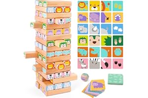 Nene Toys Wooden Block Stacking Game – 4-in-1 Tumble Tower Family Board Game with Building Blocks, Cards and Dice – African Safari Educational Wooden Toy for Kids 3-9 Years Old about Animals