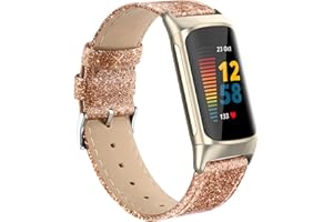 Tuocal Echtleder Armband Kompatibel mit Fitbit Charge 5 Armband für Damen Herren, Weiches Atmungsaktives Echtleder Ersatzarmband Sport Armband für Fitbit Charge 5 Aktivitäts Tracker, Glitzer Roségold