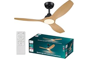 Philips Olas Ventilateur de Plafond, 3 Pales, Lumière LED 24 W, Moteur DC, Température de Couleur (3000 K-4300 K-6500 K) avec Fonction Variateur, Télécommande Incluse, noir, 52"
