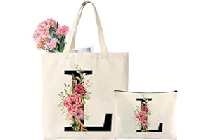 Tarklanda Initiale Sac Fourre Tout Personnalisé, Alphabet Sac en Toile avec Poches, Cadeau pour Femme Amie Maman Collègue, Cadeau pour Noël, Anniversaire, Mariage, Fête des Mères (L)