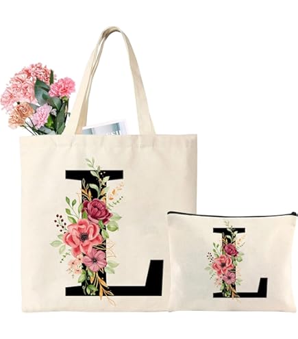 Sac Mariage Anniversaire Sac Tote Bag Toile Personnalisé Initiale Fleur | Sac Fourre-Tout Cadeau Femme | Idéal Mariage, Plage, Shopping Sac Initiale Fleur