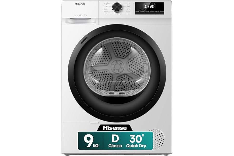 Hisense DHQE900UWDC Heat Pump Dryer, 9 kg, D, White, Big Display, 15 Programs, Refresh