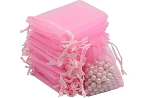 Leeyunbee 100 szt., 7 x 9 cm, różowe torebki z organzy, torebki na biżuterię z organzy, torebki na cukierki, torby na prezenty ślubne ze sznurkiem, używane na ślub, urodziny, Boże Narodzenie, rocznicę