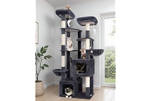 Globlazer Kratzbaum für Große Katzen XXL 189 cm Hoch mit 2 Extragroße Höhle 45*40*35cm, 3 Weit Piattaforme 45*40CM, 2 Gepolsterte Sitzstangen, 2 Katzenkorb, Katzenbaum Stabil Innen (S74E, Dunkelgrau)